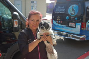 Mary holds a small dog outside the Grooming van.
