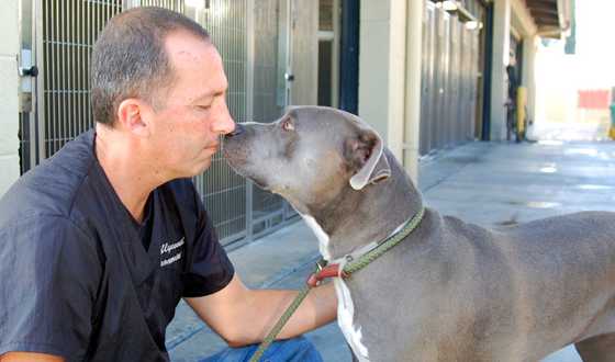 Owner Chuck and a shelter dog sitting on the ground, touching noses.